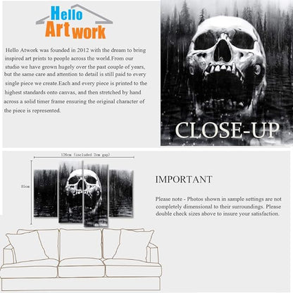 iHAPPYWALL Halloween Day of Dead Skull in Dark Foggy Lake Abstract Black and White Contemporary Picture Print 4 Panel Large Canavs for Modern Home Decoration Ready to Hang