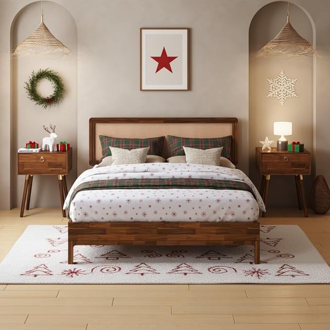 Bme Nipe Bed Frame with Headboard, Bohemian and Mid-Century Modern Style, Solid Acacia Wood Platform Bed with Slat Support, No Box Spring Needed, Easy Assembly, Queen - Dark Chocolate