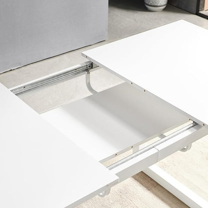 55''- 71'' Extendable Dining Room Table, Expandable Dining Table with Metal Leg, Modern Mid Century Large Table, for 2-6 Person, White