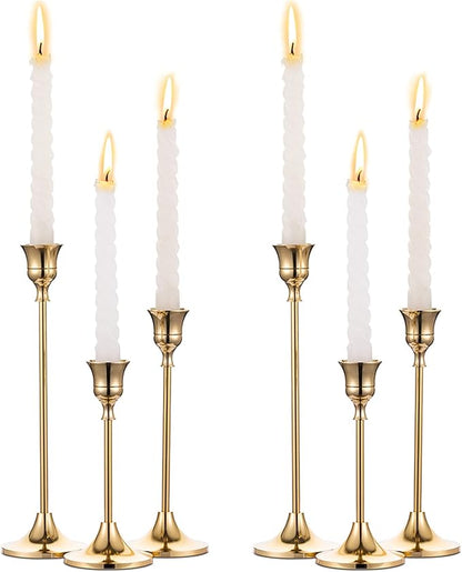 2 Sets(6 Pcs) Brass Gold Metal Taper Candle Holders Candlestick Holders, Vintage Modern Decorative Centerpiece Candlestick Holders for Table Mantel Wedding Housewarming Gift