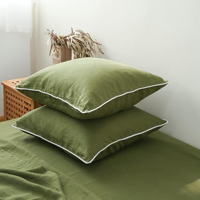 Simple&Opulence 100% Linen Euro Sham Covers with Piping Trim, 26"x26" Pillow Cover Set of 2, Breathable Pillow Shams for Bed Couch Decorative Cushions, Olive Green