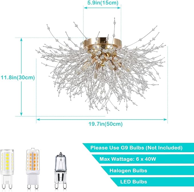 HMVPL Flush Mount Ceiling Lights, Modern Gold Crystal Sputnik Firework Close to Ceiling Lamp LED Ceiling Lighting Fixtures for Bedroom Kitchen Island Hallway Entryway Porch Gazebo