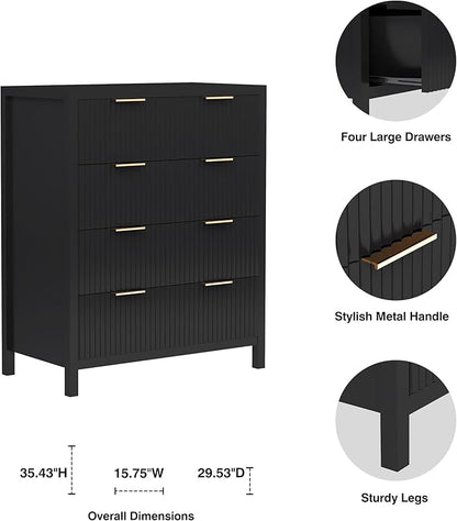 4 Drawer Dressers for Bedroom, Modern Closet Chest of Drawers with Waveform Fluted Panel, Large Wood Storage Dresser Organizer for Nursery Bedroom Living Room Hallway Closet, Black