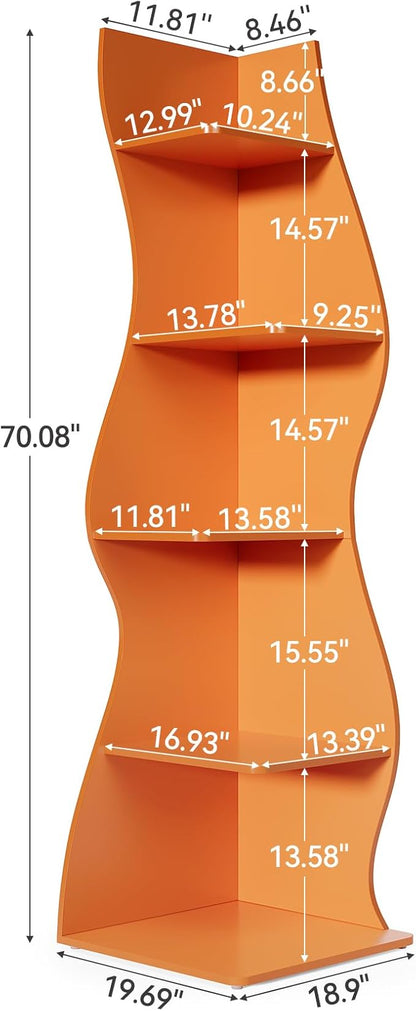 LITTLE TREE Small Corner Shelf, Modern 5-Tier Wall Corner Bookshelf, Stylish Bookcase Storage Rack for Small Space, Living Room, Bedroom, Orange, 2 Pack