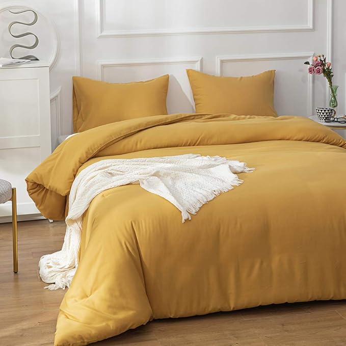 CLOTHKNOW Mustard Yellow Full Comforter Set 3Pcs Dark Yellow Bedding Comforter Sets Turmeric Comforter Full Size Soft Yellow Comforter Sets Full