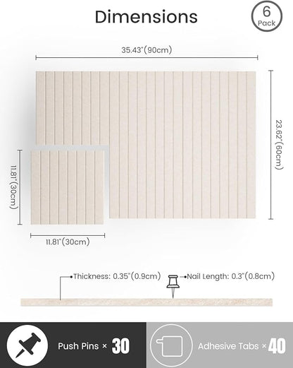 Bumusty Large Cork Board Alternative-36 x24 Felt Bulletin Board Tiles, with 30 Pushpins, 40 Adhesive Tabs, 6-Pack Slat Wall Paneling, Cork Boards for Office Push Pin Board Felt Board-Oatmeal