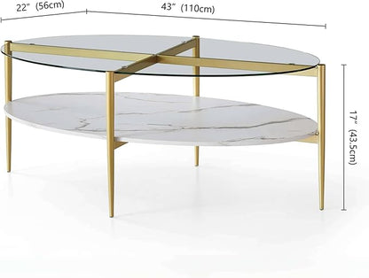 Oval Glass Coffee Table, Mid-Century Modern Design, L43 x W22 x H17 inch, Surfboard Shaped Clear Glass Top and White Marble Finish Wood Shelf, Tapered Legs with Gold Finish Frame