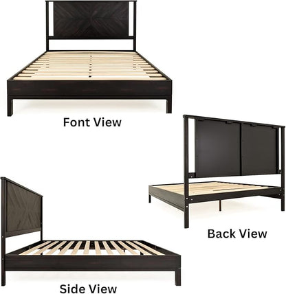 Bme Vivian 14 Inch Deluxe Bed Frame with Headboard, Rustic & Scandinavian Style with Solid Acacia Wood, No Box Spring Needed, 12 Strong Wood Slat Support, Easy Assembly, Queen, Rustic Black