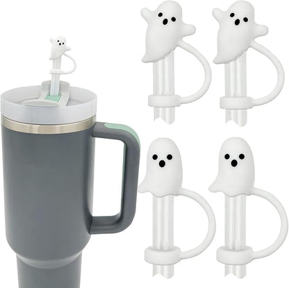 Cute Ghost Straw Covers Water Bottle Compatible with Stanley Water Bottle 30 40 oz, 4PCS Silicone Reusable Drinking Straw Topper, Funny Accessories Halloween Decorations Gifts Boo Basket Items Essentials