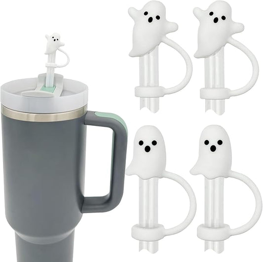 Cute Ghost Straw Covers Water Bottle Compatible with Stanley Water Bottle 30 40 oz, 4PCS Silicone Reusable Drinking Straw Topper, Funny Accessories Halloween Decorations Gifts Boo Basket Items Essentials