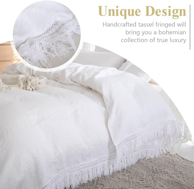 Simple&Opulence 100% Linen Boho Duvet Cover,3pcs Bohemian Textured Collection Bedding Set for All Seasons,French Country Comforter Cover Set with Pillow Shams(Full, Tassel-White)