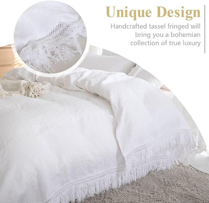 Simple&Opulence 100% Linen Boho Duvet Cover,3pcs Bohemian Textured Collection Bedding Set for All Seasons,French Country Comforter Cover Set with Pillow Shams(Full, Tassel-White)