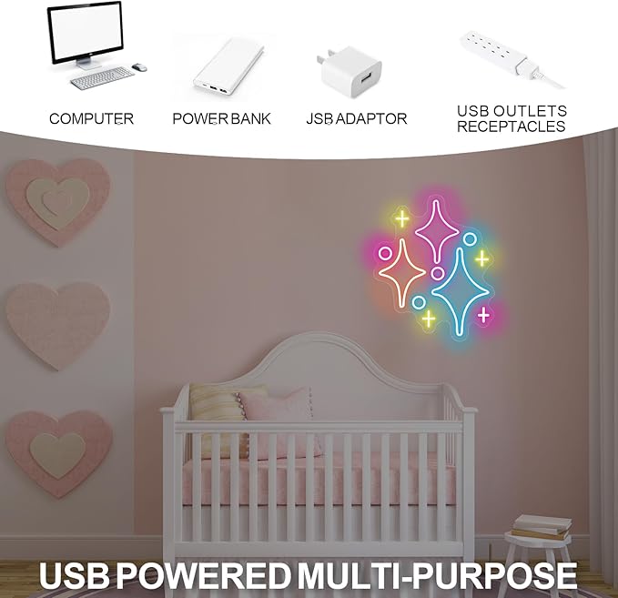 Sparkle Stars Neon Signs, Led Light Wall Decor For Kids Boys Girl's Bedrooms Living Room Nursery, Store Decoration, Game Room Family Birthday Bar Wedding Party Gift, Christmas, Birthday, Wedding, Hom