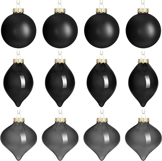 Zomiboo 12 Pcs Black Glass Christmas Ball Ornaments Set 3.15" Hanging Shatterproof Glass Bulbs for Christmas Tree Baubles Bulk for Holiday Xmas Tree Decorations Gifts