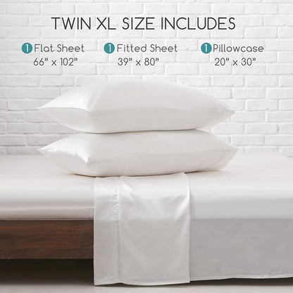 MR&HM Satin Bed Sheets, Twin XL Size Sheets Set, 3 Pcs Silky Bedding Set with 15 Inches Deep Pocket for Mattress (Twin XL, Ivory)