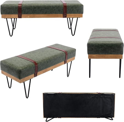 DUOMAY Industrial Modern PU Rectangle Ottoman Bench with PU Strap and Metal Legs, Mid Century Dining Table Bench Footstool Entryway Shoe Bench for Bedroom Dining Room Living Room, Green