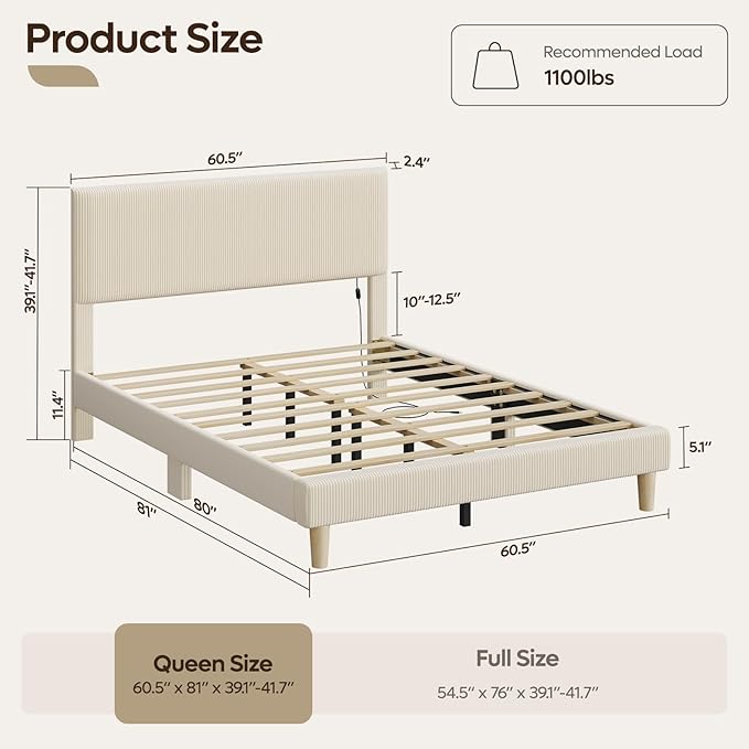 Bestier Queen Bed Frame with Adjustable Headboard, LED Lighting, Vertical Channel Tufted Corduroy Upholstered, Solid Wooden Slats Support, No Box Spring Needed, Never Squeaks, Easy Assembly, Beige