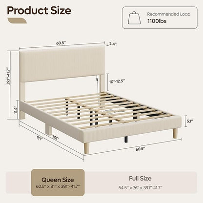 Bestier Queen Bed Frame with Adjustable Headboard, LED Lighting, Vertical Channel Tufted Corduroy Upholstered, Solid Wooden Slats Support, No Box Spring Needed, Never Squeaks, Easy Assembly, Beige