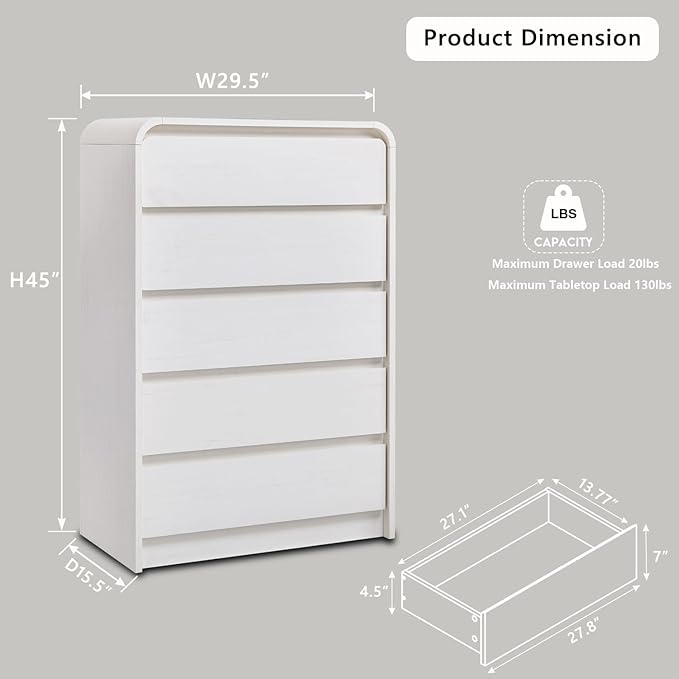 Modern 5 Drawers Dresser for Bedroom, 45" Tall Dressers & Chests of Drawers w/Curved Profile Design, Wood Mid Century Vertical Dresser w/Natural Texture for Bedroom, Living Room, Antique White