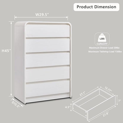 Modern 5 Drawers Dresser for Bedroom, 45" Tall Dressers & Chests of Drawers w/Curved Profile Design, Wood Mid Century Vertical Dresser w/Natural Texture for Bedroom, Living Room, Antique White