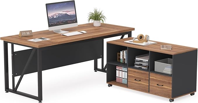 Tribesigns 63-Inch Executive Desk with 47-Inch Mobile File Cabinet, Large Home Office Desk with Drawers and Storage Shelves, L-Shaped Computer Desk Workstation Business Furniture, Walnut & Gray