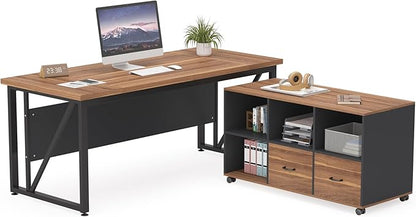 Tribesigns 63-Inch Executive Desk with 47-Inch Mobile File Cabinet, Large Home Office Desk with Drawers and Storage Shelves, L-Shaped Computer Desk Workstation Business Furniture, Walnut & Gray