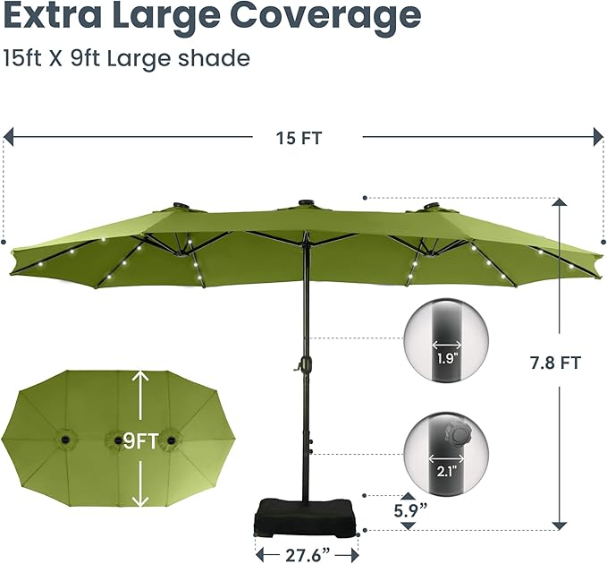 PHI VILLA 15 ft Patio Umbrella Outdoor Solar Lights with Base, Outdoor Double-Sided Large Market Rectangle Umbrellas with 36 LED Lights, Lime Green
