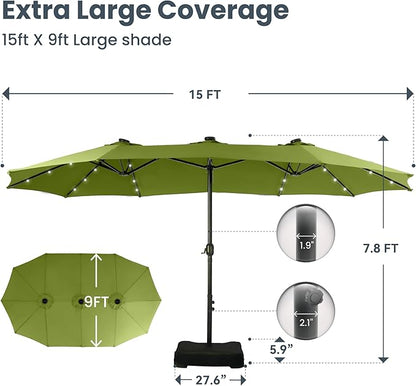 PHI VILLA 15 ft Patio Umbrella Outdoor Solar Lights with Base, Outdoor Double-Sided Large Market Rectangle Umbrellas with 36 LED Lights, Lime Green