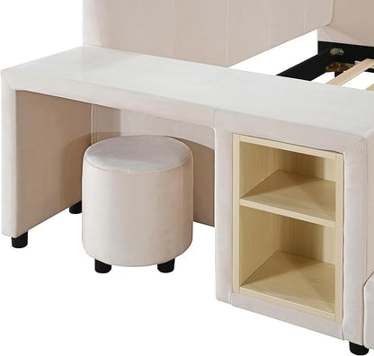 Merax Queen Upholstered Grounded Bed Mother & Child, Beige Velvet