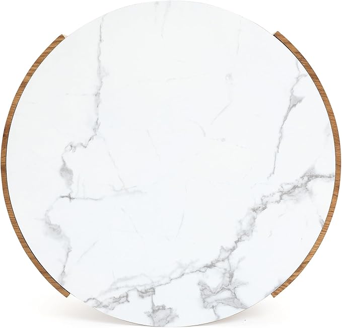 LuxenHome Modern Round Coffee Table with Faux Marble Top & Oak Finish Wood Base, 23.5” Small Center Table with Open Storage Shelf, Wooden Accent Table for Living Room, Apartment, or Office