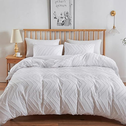 CLOTHKNOW White Twin/Twin XL Comforter Set Tufted Farmhouse Bedding Comforter Sets Plain White Bedding Sets Shabby Chic Bed Comforter Sets