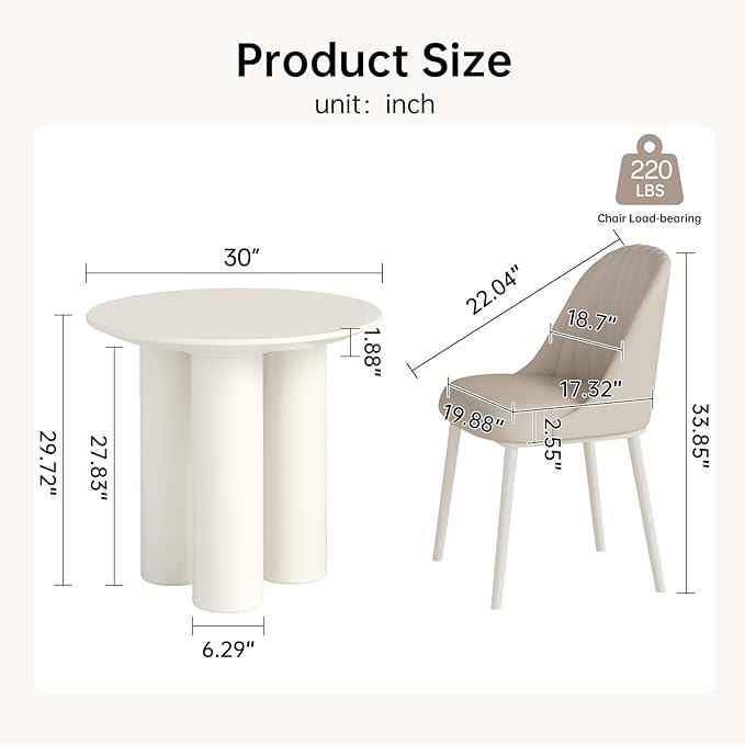 30in White Round Dining Table with 2 Chairs, Space Saving Coffee Table Set for 1-4 People, Sturdy Kitchen Table, Leisure Side Table for Balcony Small Desk