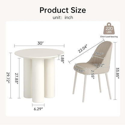 30in White Round Dining Table with 2 Chairs, Space Saving Coffee Table Set for 1-4 People, Sturdy Kitchen Table, Leisure Side Table for Balcony Small Desk