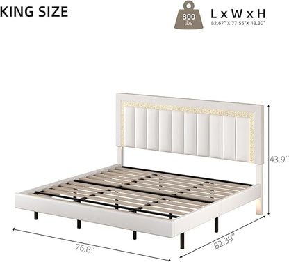HOMBCK Floating Bed Frame King with Smart LED Lights, Faux Leather Upholstered Bed with Diamond PU Headboard, No Box Spring Needed, Noise-Free, Easy Assembly, White