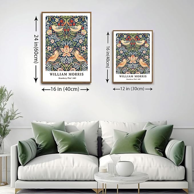 ILLBDR William Morris Framed Wall Art Vintage Botanical Canvas Wall Art Set of 3 Gold Strawberry Thief Prints Cotton Artwork Birds Pictures Decor for Bedroom Living Room 16x24 Inch