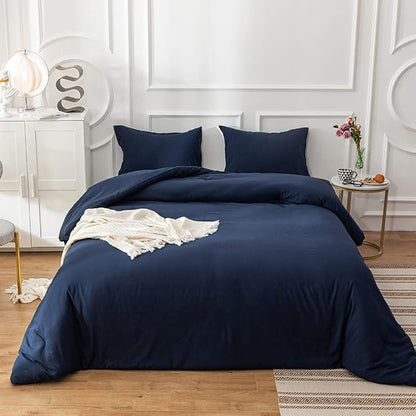 CLOTHKNOW Navy Blue Queen Comforter Set 3Pcs Dark Blue Bedding Comforter Sets All Season Blue Comforter Queen with 2 x Pillow Cases