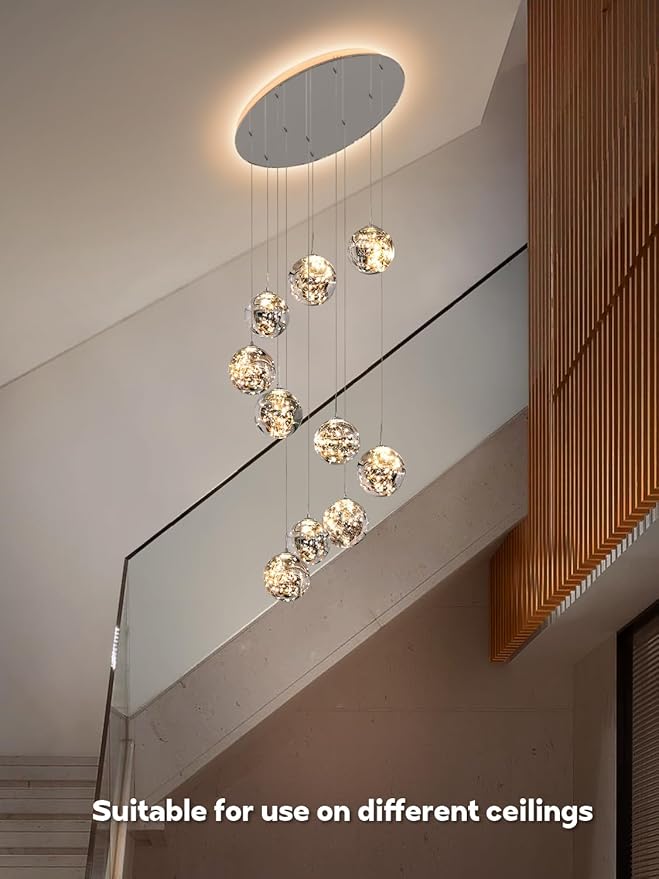 10-Light High Ceilings Long Chandeliers LED Staircase Chandelier High Ceiling Chandelier for Entryway,Modern Crystal Long Pendant Light, Adjustable Length 16" W x79 H，50W