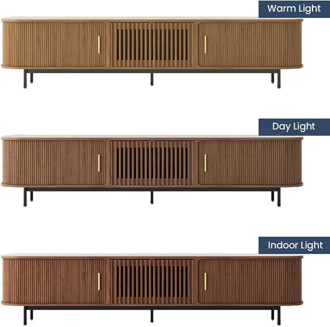 POVISON Sliding Tambour Door TV Stand, Mid Century Modern Sintered Stone TV Console, Wood Media Console for 85 Inch TV, Entertainment Center with Storage Cabinet, Fully-Assembled (Walnut, 94.49")