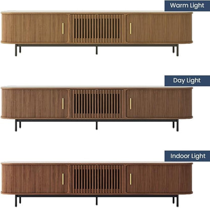 POVISON Sliding Tambour Door TV Stand, Mid Century Modern Sintered Stone TV Console, Wood Media Console for 85 Inch TV, Entertainment Center with Storage Cabinet, Fully-Assembled (Walnut, 94.49")