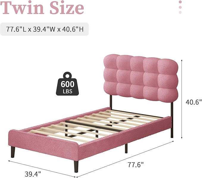 BarnFurin Twin Bed Frame with Upholstered Headboard, Teddy Soft Boucle Fabric, Platform Bed with Strong Wooden Slats Support, Two Bed Forms Design, No Boxing Spring Needed, Easy Assembly, Pink