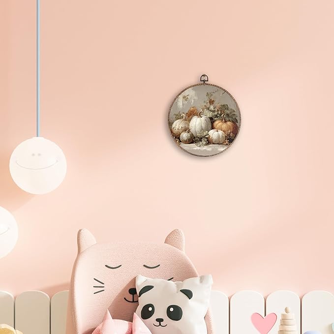 Hxlac Vintage Fall Pumpkin Maple Leaves Round Wall Art Framed, Fall Halloween Pumpkin Round Wall Decor, Vintage Autumn Hanging Canvas Prints Wall Sculptures for Farmhouse Home Decor, 10x10 Inch