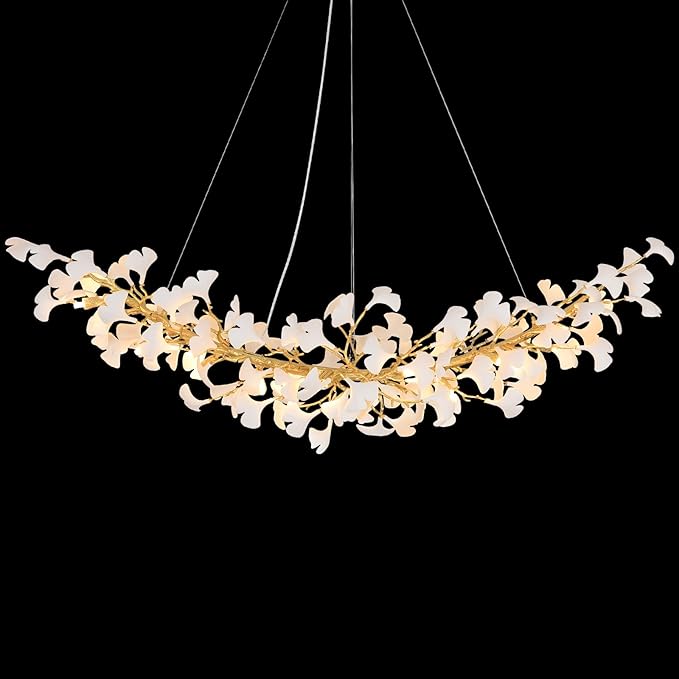 Modern Gold and Wtite Large Rectangle Tree Branch Dining Room Chandeliers, 72" Rectangle Ceramic Ginkgo Leaf Chandelier, Linear Chandeliers for Dining Room,Kitchen,Hanging Chandelier
