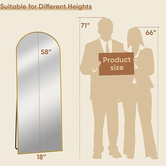 58"x18" Full Length Mirror, Arched Full Body Mirror, Standing Hanging or Leaning Floor Mirror for Bedroom and Living Room, Gold