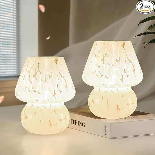 ONEWISH Cute Mushroom Lamp Small Table Lamp Set of 2 Stepless Dimmable, Translucent Glass White Nightstand Lamp for Bedroom Dorm Kids Room Living Kitchen, Murano Aesthetic Home Decor