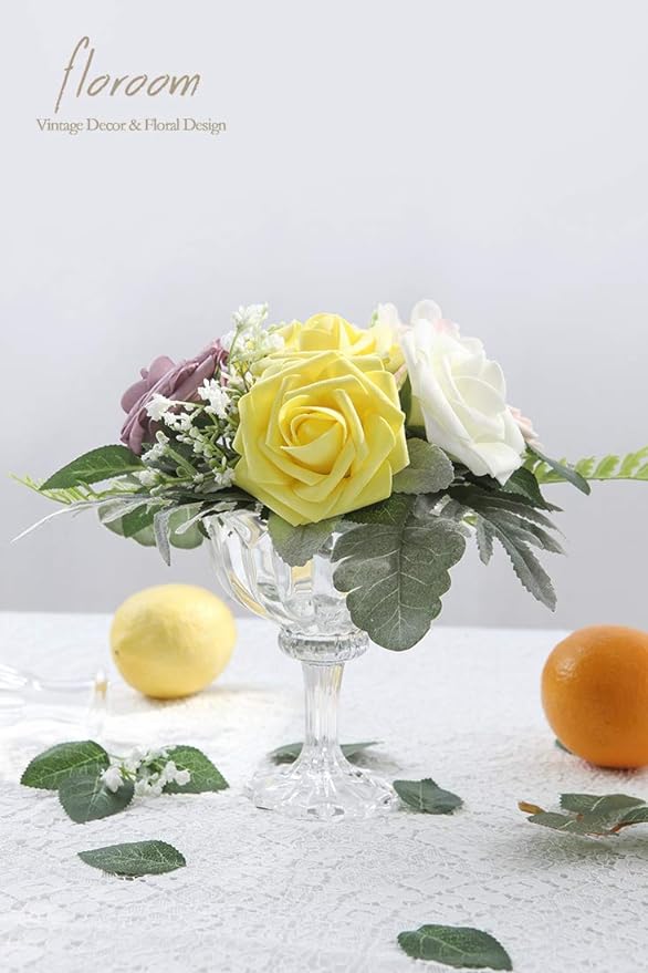 Floroom Artificial Flowers 50pcs Realistic White Foam Fake Roses with Stems for DIY Wedding Bouquets Baby Shower Centerpieces Floral Arrangements Party Tables Home Decorations