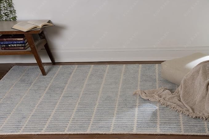 Capitola Hand-Tufted Wool Rug 1x1 Ft (Sample) Blue Coastal, Rustic Area Carpet for Bedroom Living Room, Textured Natural PB Style, Soft Wool Accent Mat