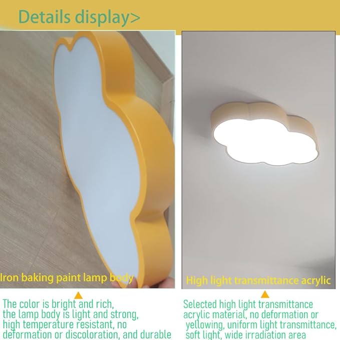Cloud Shape LED Ceiling Light Fixture, 27 inch, Yellow, 54W, Dimmable with Remote, 4 Color Temperatures,for Kids Room/Bedroom Study/Nursery Ceiling Light