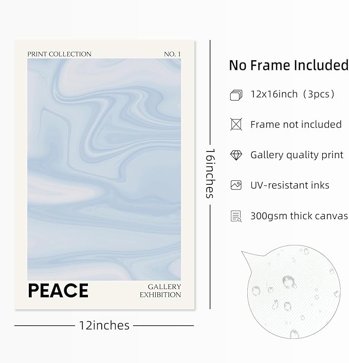 Blue Aura Wall Art Decor Retro Aesthetic Canvas Wall Art Pastel Abstract Pictures Prints Preppy Gradient Spiritual Poster Trendy Artwork Blue Painting for Room Bedroom 12x16 Inch Unframed Set of 3