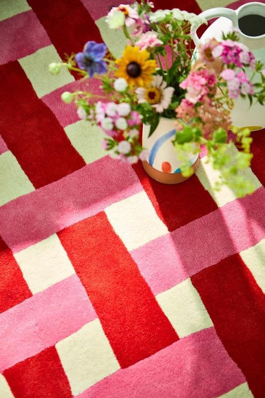 Hand-Tufted Wool Checkered Area Rug 8x12 Ft – Pink Red Basketweave Carpet for Living Room, Bedroom, Playroom – Soft Plush Texture, Modern Artistic Floor Décor