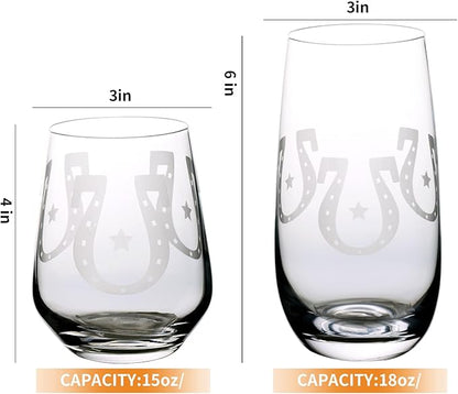 Set of 8 Etched Drinking Glasses, Hand Blown, 4 Highball Glasses 18oz & 4 Stemless Wine Glasses 15oz, Clear Water Glass Cups with Abstract Pattern, for Wedding, Gift